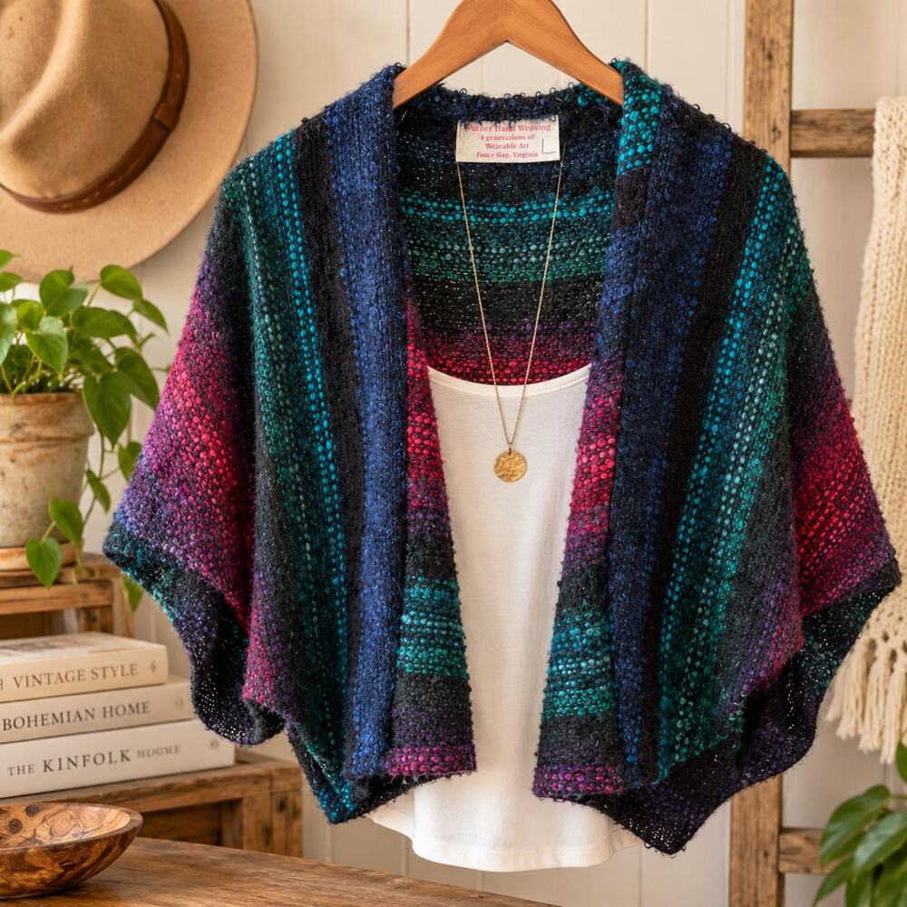 Vintage Warner Hand Weaving Jewel Tone Striped Cardigan Shrug L